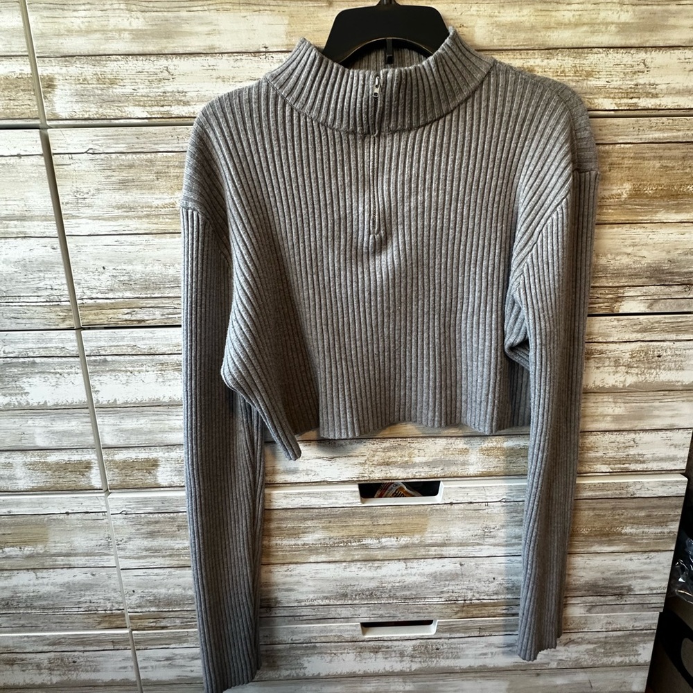 🩶 Daisy Gray Ribbed Cropped Quarter-Zip Turtleneck Sweater 3X - Picture 1 of 8
